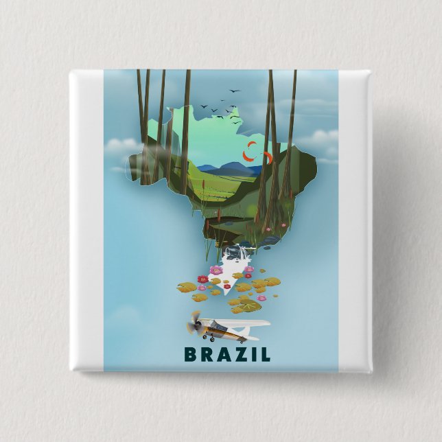 Brazil map Illustrated travel poster 2 Inch Square Button (Front)