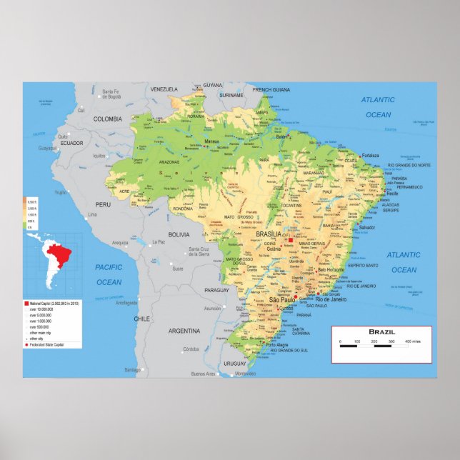 " Brazil: Physical MAP ... Poster (Front)