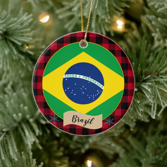Brazil, Red buffalo plaid & Brazilian Flag Ceramic Ornament (Tree)