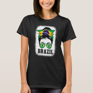 Brazil Soccer Ball Messy Bun Mom Brazilian Flag Fo T-Shirt