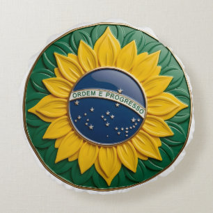 Brazil Solar Emblem - Luxury 3D National Pride Art Round Pillow