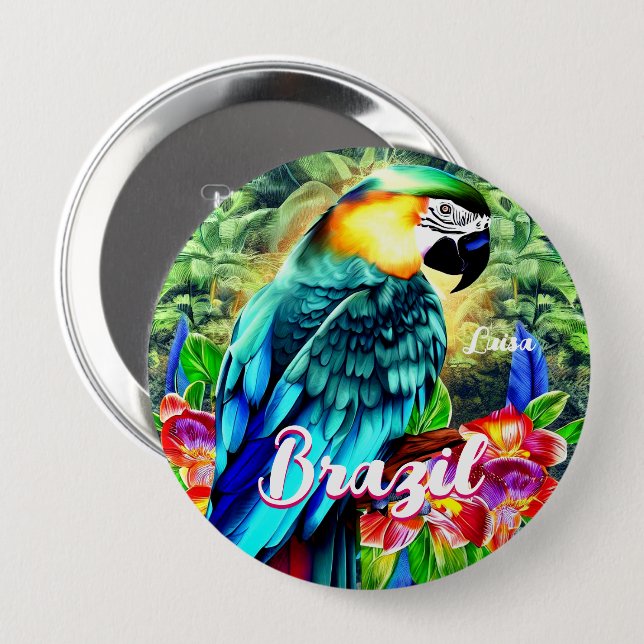 Brazil with Colourful Parrot T-Shirt 4 Inch Round Button (Front & Back)