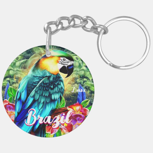 Brazil with Colourful Parrot T-Shirt Keychain (Back Left)