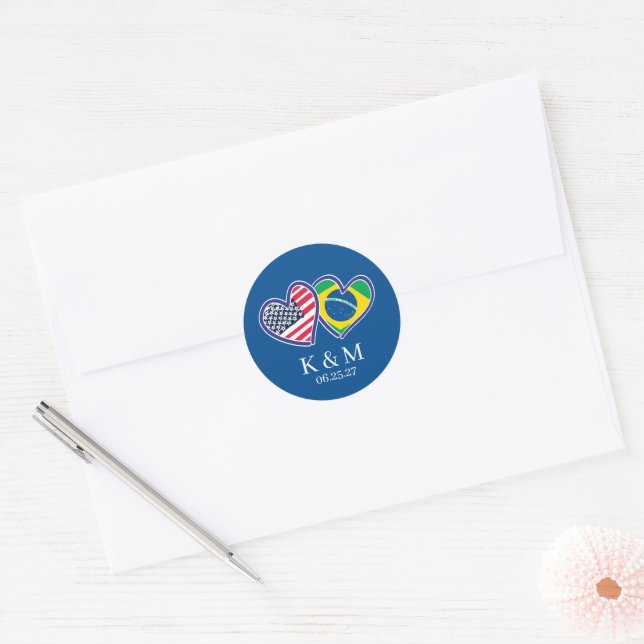 Brazilian American Heart Flags Classic Round Sticker (Envelope)
