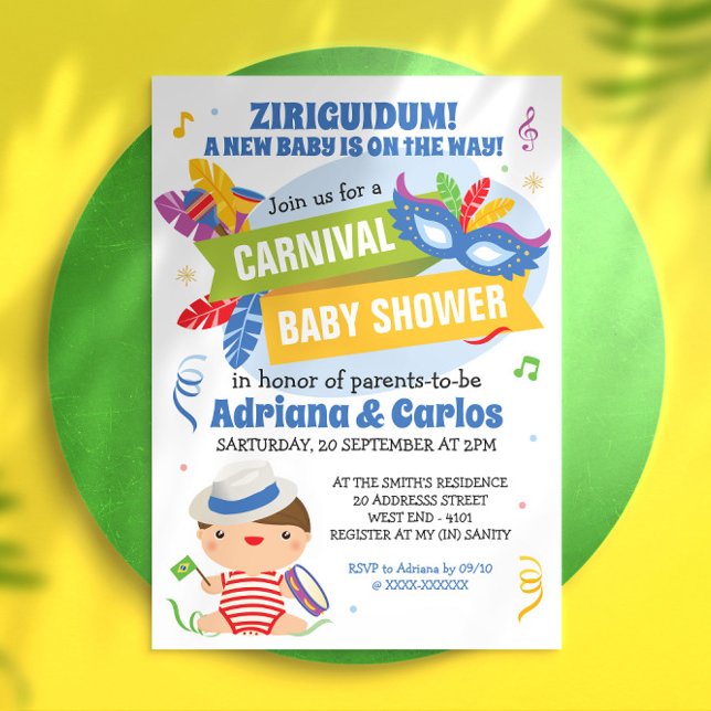 Brazilian Carnival Baby Shower Invitation ( Start your baby shower with this super colorful and full of Ziriguidum invitation.)