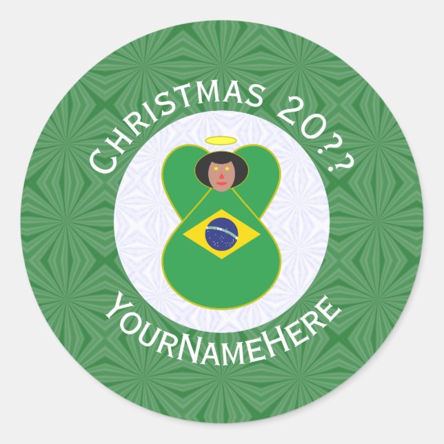 Brazilian Christmas Angel Flag Personalized  Classic Round Sticker (Front)