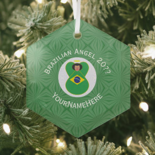 Brazilian Flag Angel Year with Your Name Hexagon Glass Ornament