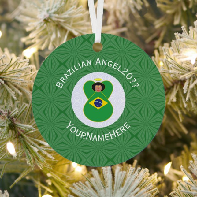 Brazilian Flag Angel Year with Your Name Round Metal Ornament (Insitu)