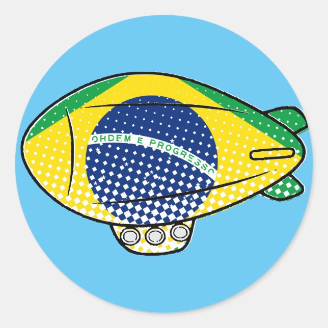 Brazilian Flag Blimp Balloon In Blue Sky Custom Classic Round Sticker (Front)