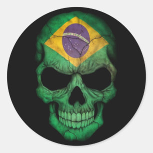 Brazilian Flag Skull on Black Classic Round Sticker