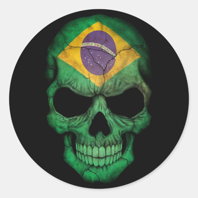 Brazilian Flag Skull on Black Classic Round Sticker (Front)