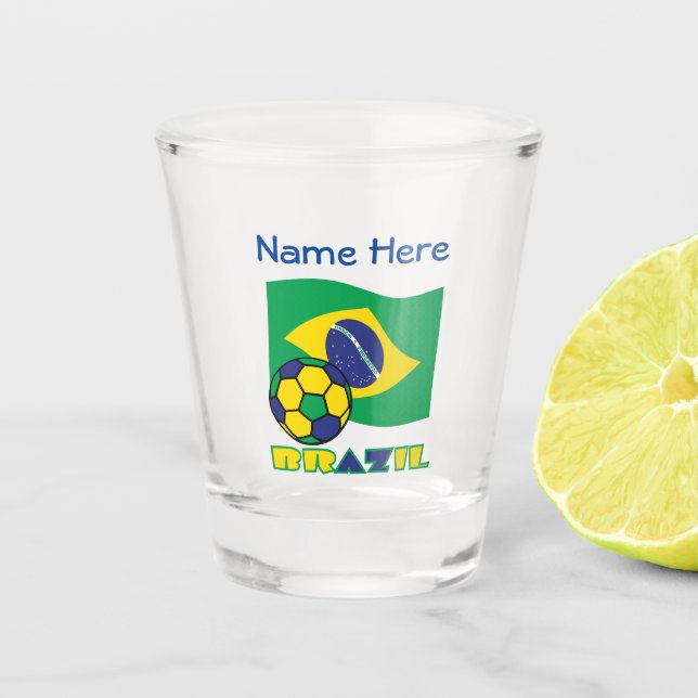 Brazilian Flag Soccer Ball Blue Personalization Shot Glass (Front)