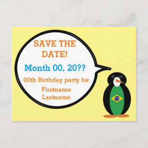 Brazilian Flag Talking Ms Penguin Personalized Announcement Postcard