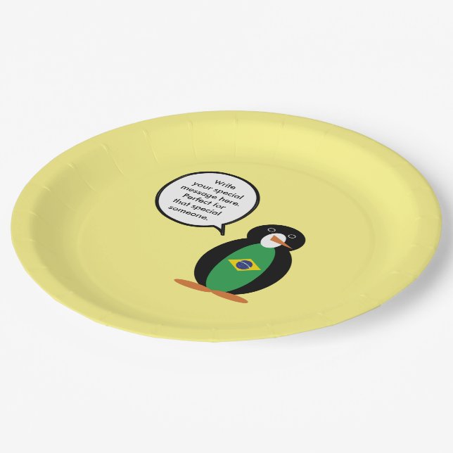 Brazilian Flag Talking Ms Penguin Personalized  Paper Plate (Angled)