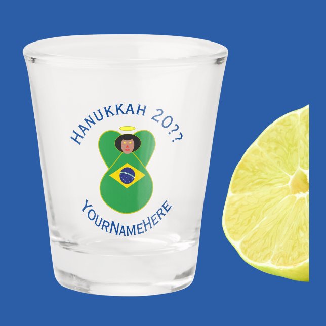 Brazilian Hanukkah Angel Flag Personalized  Shot Glass (Shot glass has dark skinned angel wearing the Brazilian Flag. Personalize with holiday, year, name.)