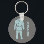 Brazilian Jiu Jitsu BJJ Gi Grey Personalized Keychain<br><div class="desc">Create a personalized gift that's perfect for Brazilian Jiu Jitsu or BJJ students and instructors. This keychain features an illustration of a BJJ gi or uniform in light blue against a grey coloured background. It's ready to be personalized with a name in matching light blue lettering beside the graphic.</div>