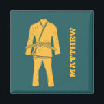 Brazilian Jiu Jitsu BJJ Gi Uniform Personalized Magnet<br><div class="desc">This personalized refrigerator magnet is perfect for fans of Brazilian Jiu Jitsu or BJJ. Students and instructors will love this magnet which features an illustration of a BJJ gi or uniform in golden yellow against a teal coloured background. It's ready to be personalized with a name beside the graphic in...</div>
