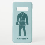 Brazilian Jiu Jitsu BJJ Gi Uniform Personalized Samsung Galaxy Case<br><div class="desc">Show off your love of Brazilian Jiu Jitsu or BJJ with this personalized phone case. This case features an illustration of a BJJ gi or uniform in teal against a light blue coloured background and is ready to be personalized with a name below in matching teal lettering.</div>
