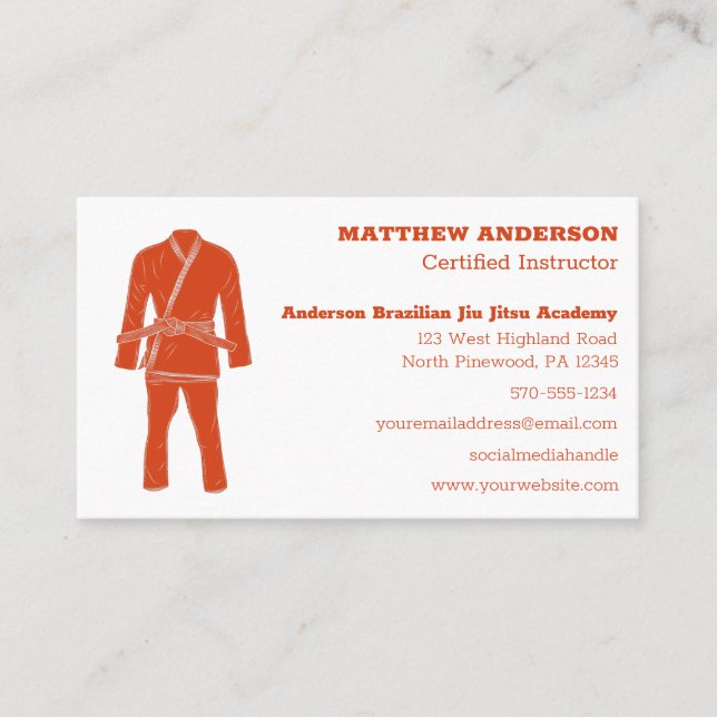 Brazilian Jiu Jitsu BJJ Schoool Instructor Orange Business Card (Front)