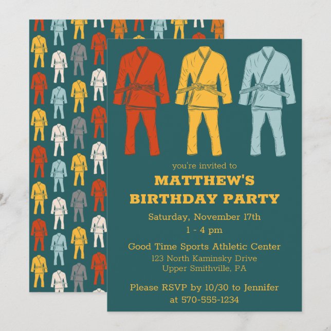 Brazilian Jiu Jitsu Gi Graphic Teal Boys Birthday Invitation (Front/Back)