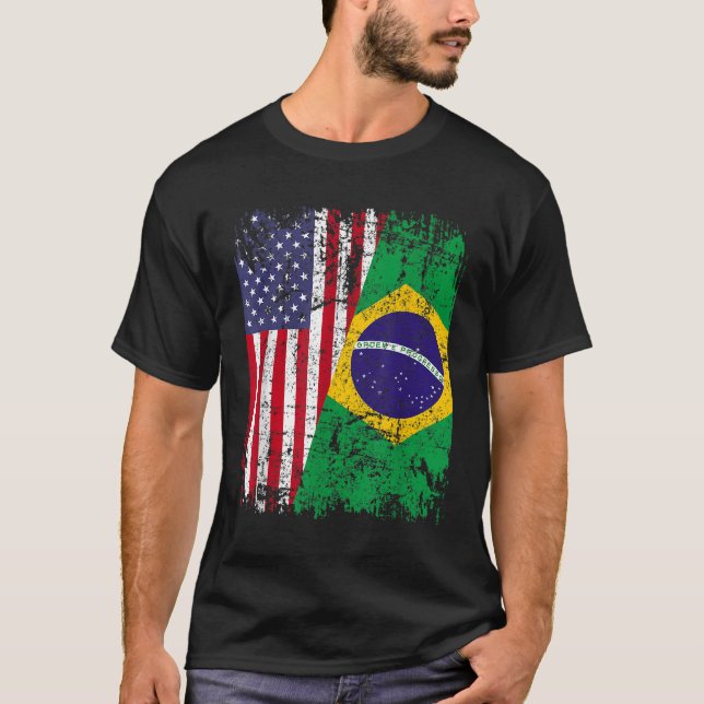 BRAZILIAN ROOTS Half American Flag BRAZIL T-Shirt (Front)