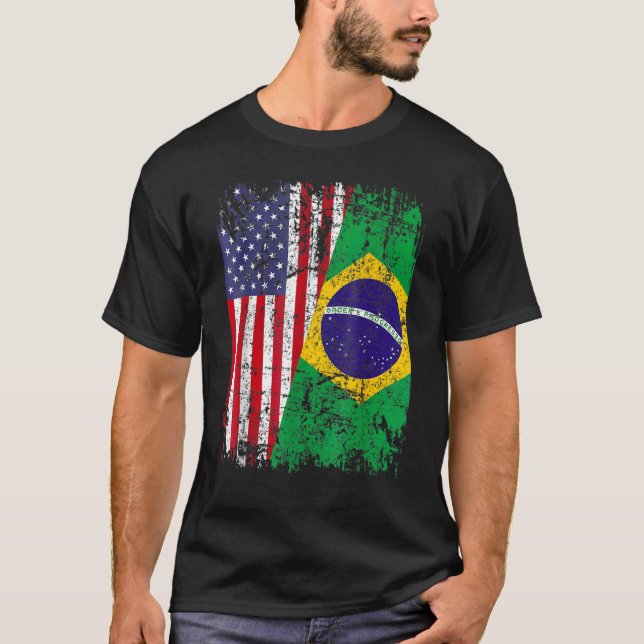 BRAZILIAN ROOTS Half American Flag BRAZIL   T-Shirt (Front)