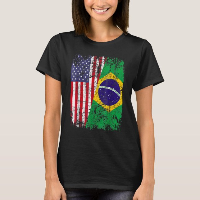 BRAZILIAN ROOTS Half American Flag BRAZIL   T-Shirt (Front)