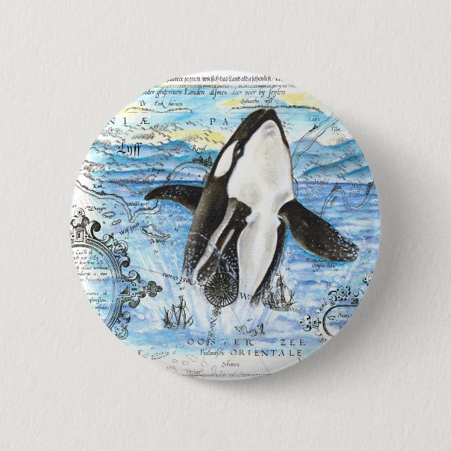 Breaching Orca Ancient Map 2 Inch Round Button (Front)