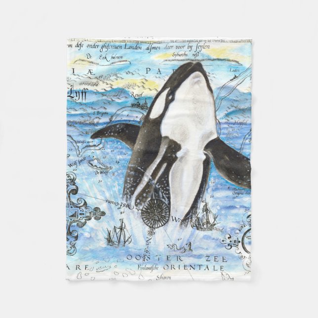 Breaching Orca Ancient Map Fleece Blanket (Front)