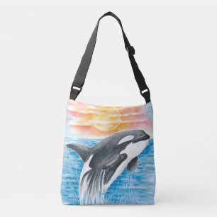 Breaching Orca Whale  Sunset Watercolor Crossbody Bag