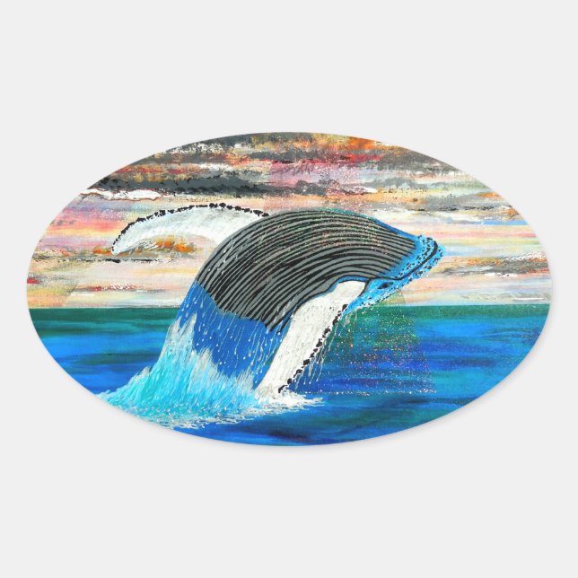 Breaching Wale sunset painting bubblepacific art  Oval Sticker (Front)