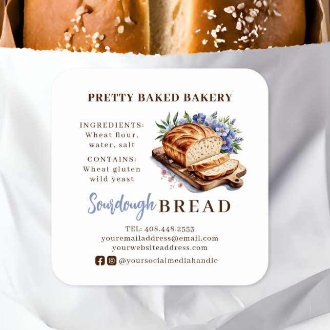Bread Bakery Watercolor Ingredients & Allergens Square Sticker (Creator Uploaded)