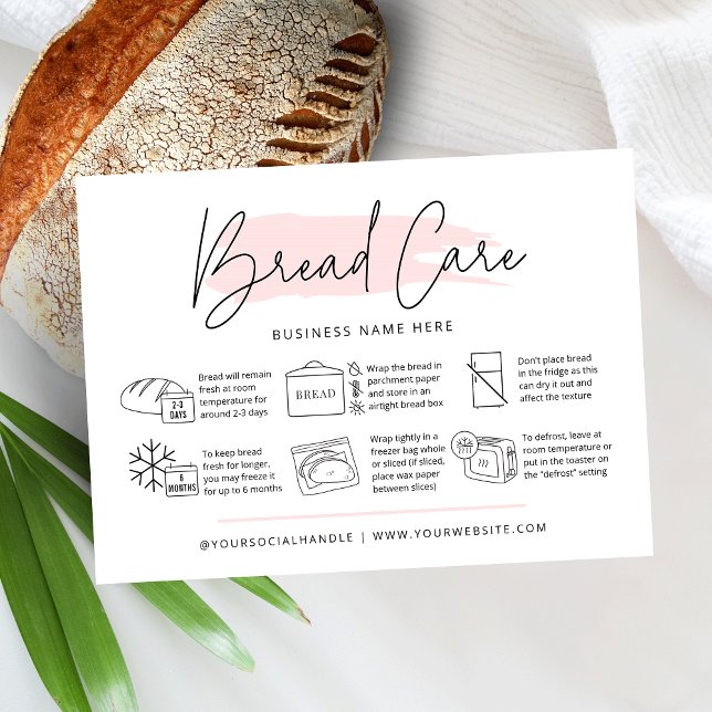 Bread Care Instructions Pink Watercolor Bakery Business Card (Feminine bread care cards with icons and feminine blush pink watercolor (edit to any color you like))