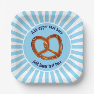 Bread Knot Pretzel on Oktoberfest Blue & White Paper Plate