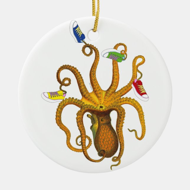 Break dancing Octopus, Squid Art, 80s Retro, Male Ceramic Ornament (Front)