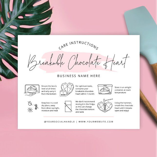 Breakable Chocolate Heart Care Instructions Thank You Card (Feminine breakable chocolate heart care & how to instructions thank you card for your bakery)