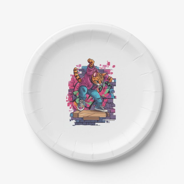Breakdance Meow – Urban Graffiti Cat Dance Paper Plate (Front)