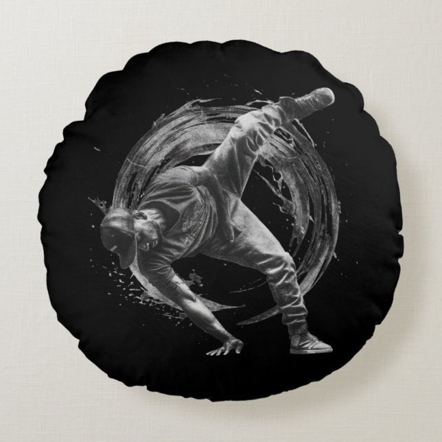 Breakdance Urban Style Monochrome Motion Art  Round Pillow (Front)