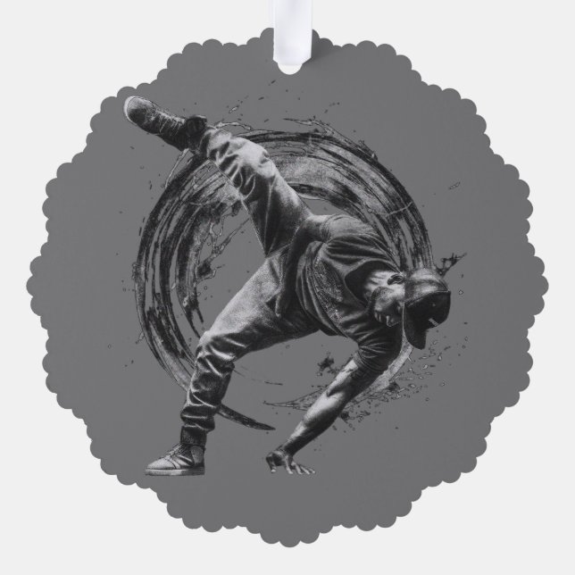 Breakdancer in action, in ink splatter style ornament card (Back)