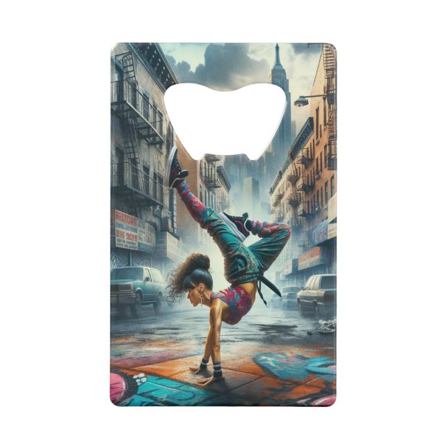 Breakdancer Women in action New York silhouette Credit Card Bottle Opener (Front)