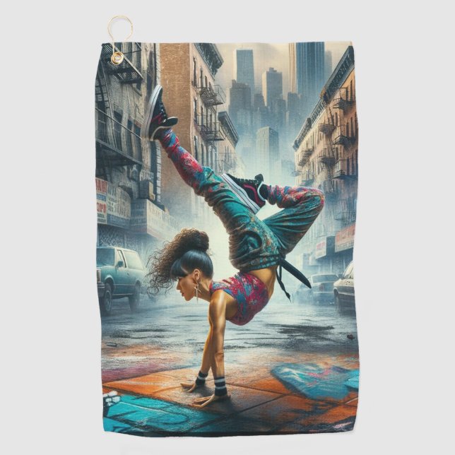 Breakdancer Women in action New York silhouette Golf Towel (Front)
