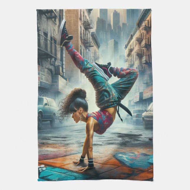 Breakdancer Women in action New York silhouette Kitchen Towel (Vertical)