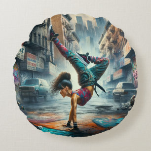 Breakdancer Women in action New York silhouette Round Pillow