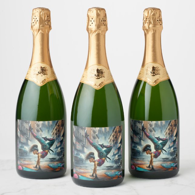 Breakdancer Women in action New York silhouette Sparkling Wine Label (Bottles)
