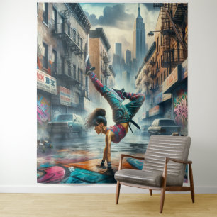 Breakdancer Women in action New York silhouette Tapestry