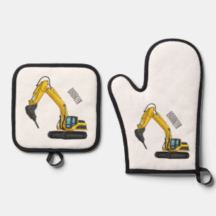 Breaker excavator cartoon illustration oven mitt & pot holder set