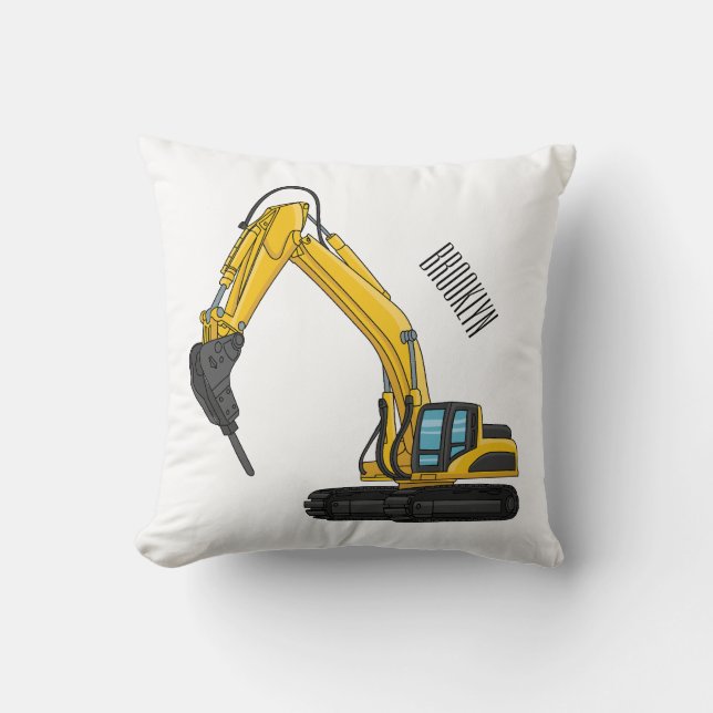 Breaker excavator cartoon illustration throw pillow (Front)
