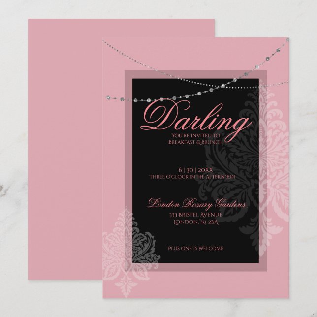 Breakfast and brunch pink and black invitation (Front/Back)