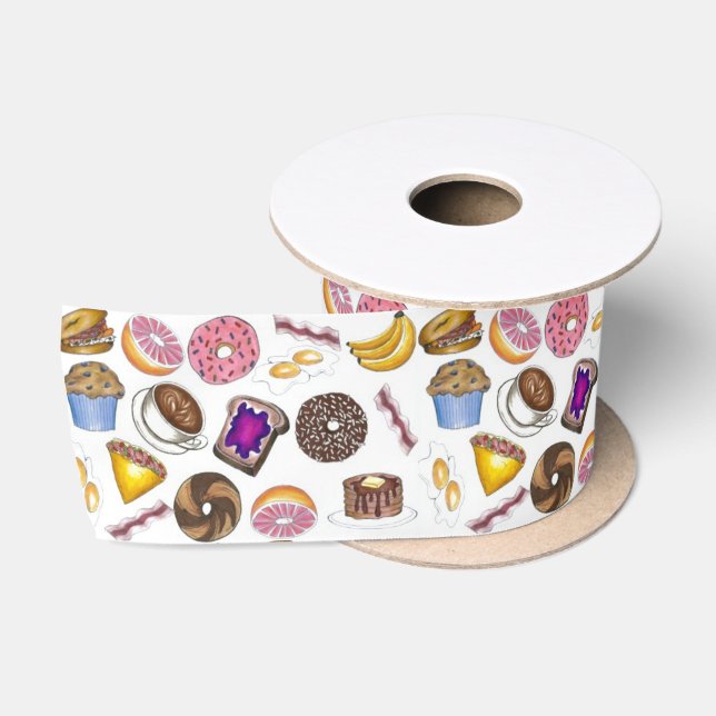 Breakfast Brunch Food Bagel Doughnut Toast Eggs Ba Satin Ribbon (Spool)