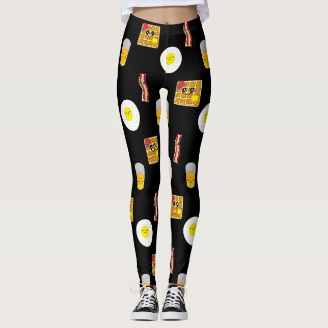 Breakfast Food, Fried Eggs, Waffles, Bacon Leggings (Front)